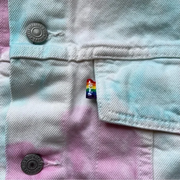 PRIDE OVERSIZED TRUCKER JEAN DENIM JACKET MENS SIZE TIE DYE METAL BUTTONS PINK - Picture 4 of 7